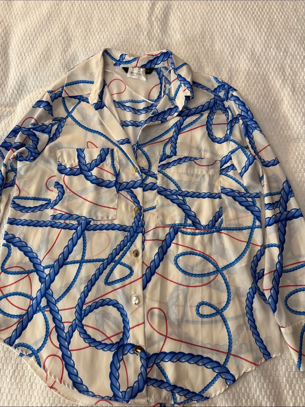 Zara Blue Rope-Print Button-Up Blouse with Red Accents